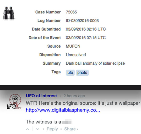 The Hoax Sighting Recorded By Mufon As An Unresolved Case And Below It