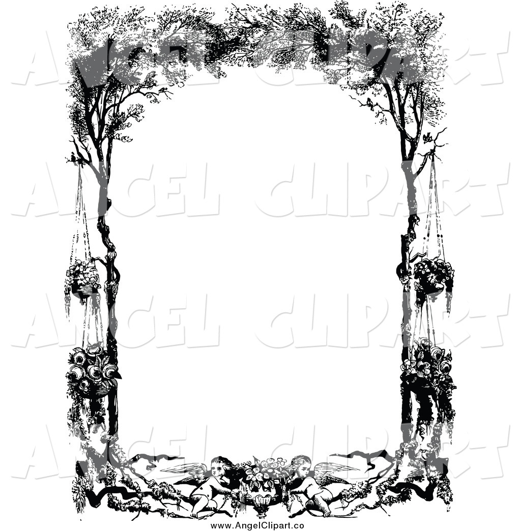 Clip Art Of A Vintage Black And White Frame Cherubs Hanging Flowers