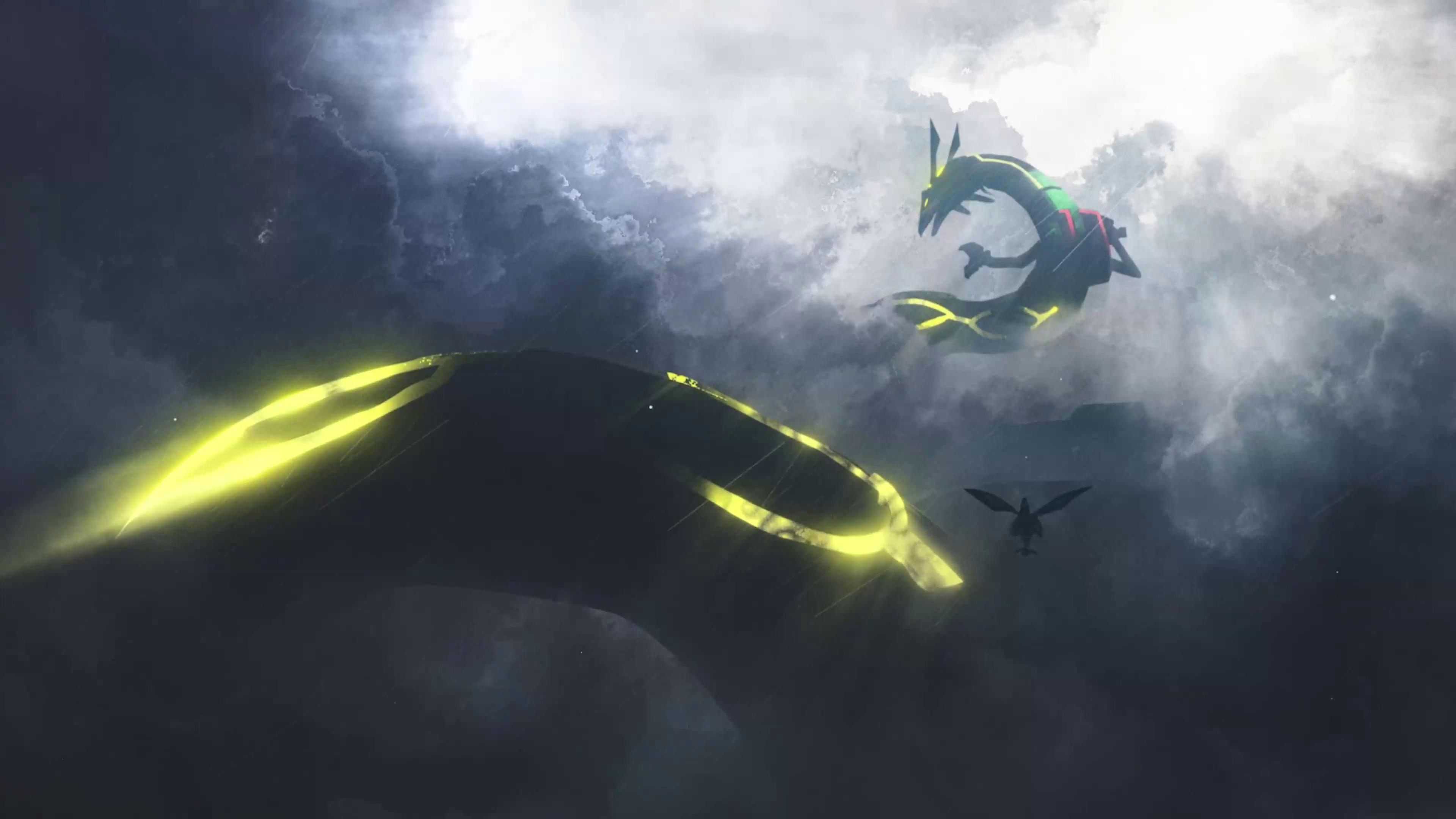 A dramatic live wallpaper depicting two legendary Pokémon, Rayquaza and Zygarde, in a stormy sky
