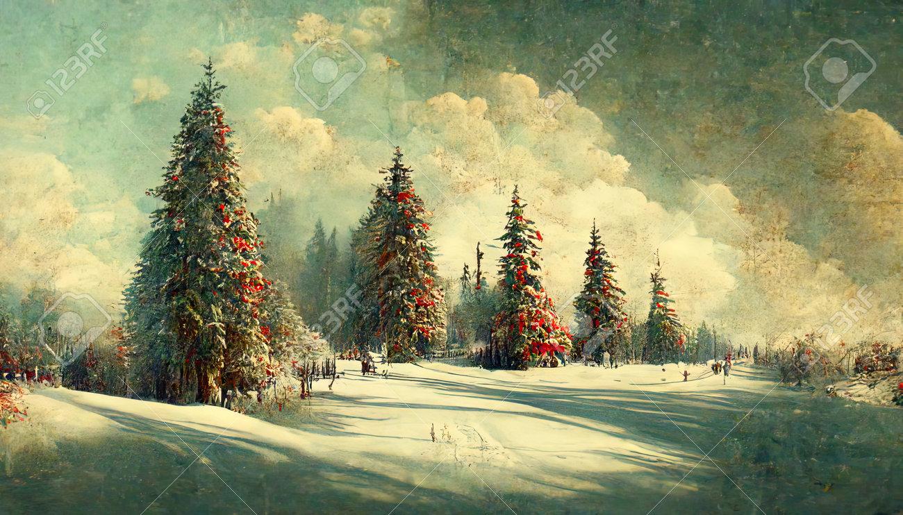 Winter Landscape With Snow And Fir Trees As Vintage Christmas