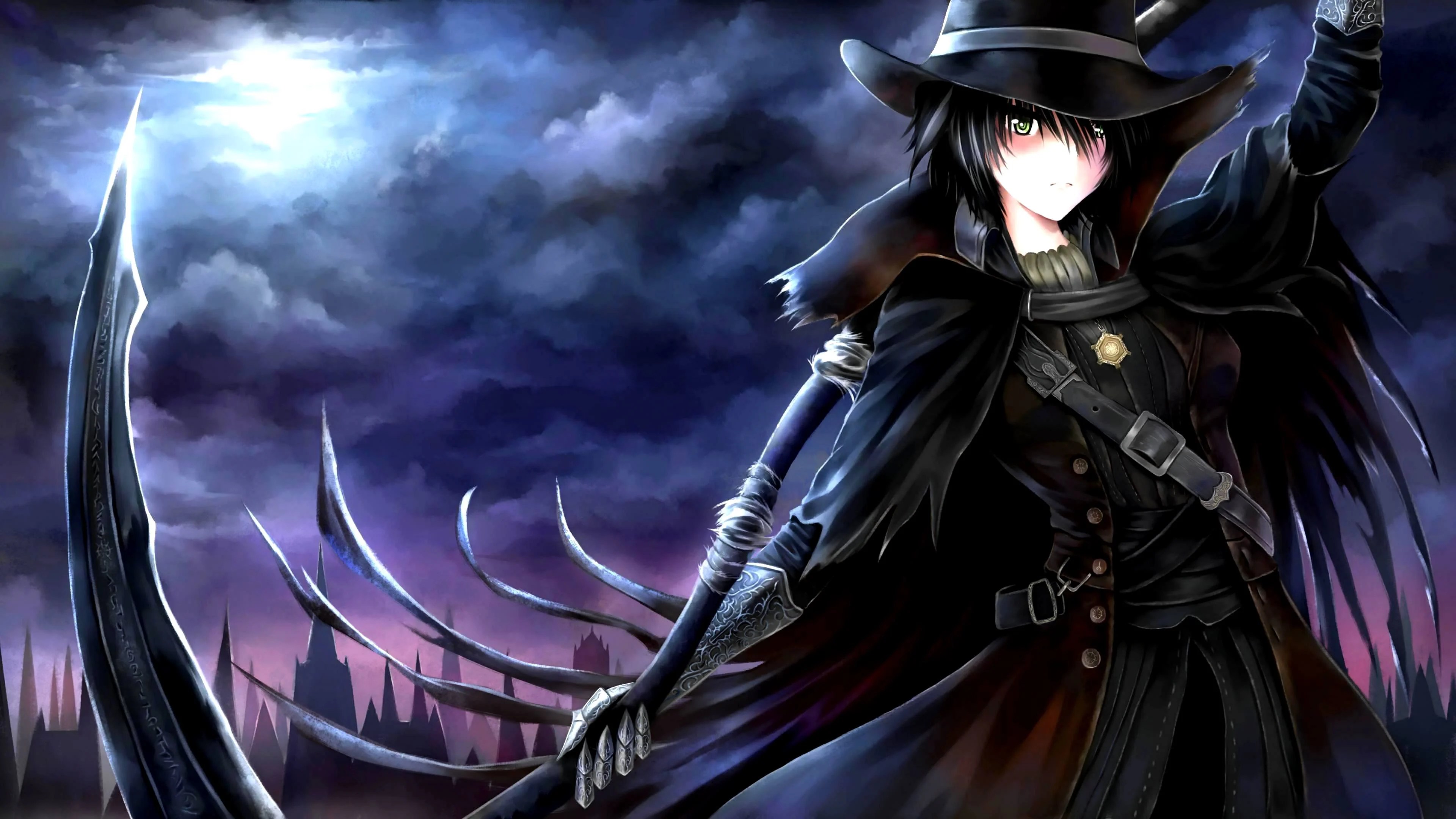 A cool anime character in a black cloak and hat, wielding a large scythe against a dramatic night sky and gothic cityscape