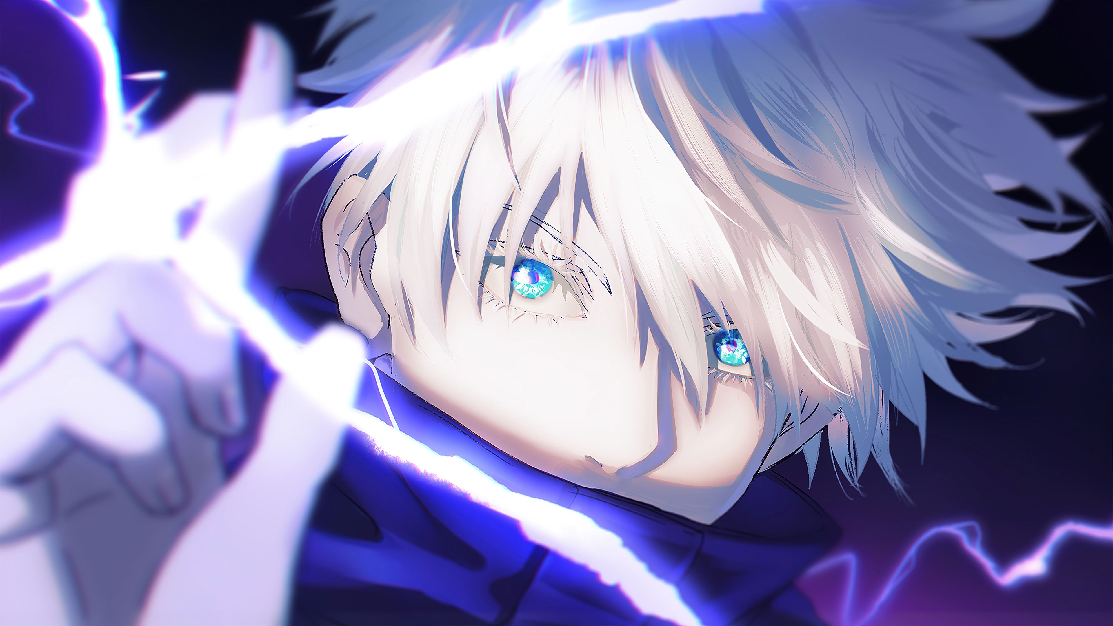 Close-up of Gojo Satoru, radiating electric blue energy, with intense gaze and white hair