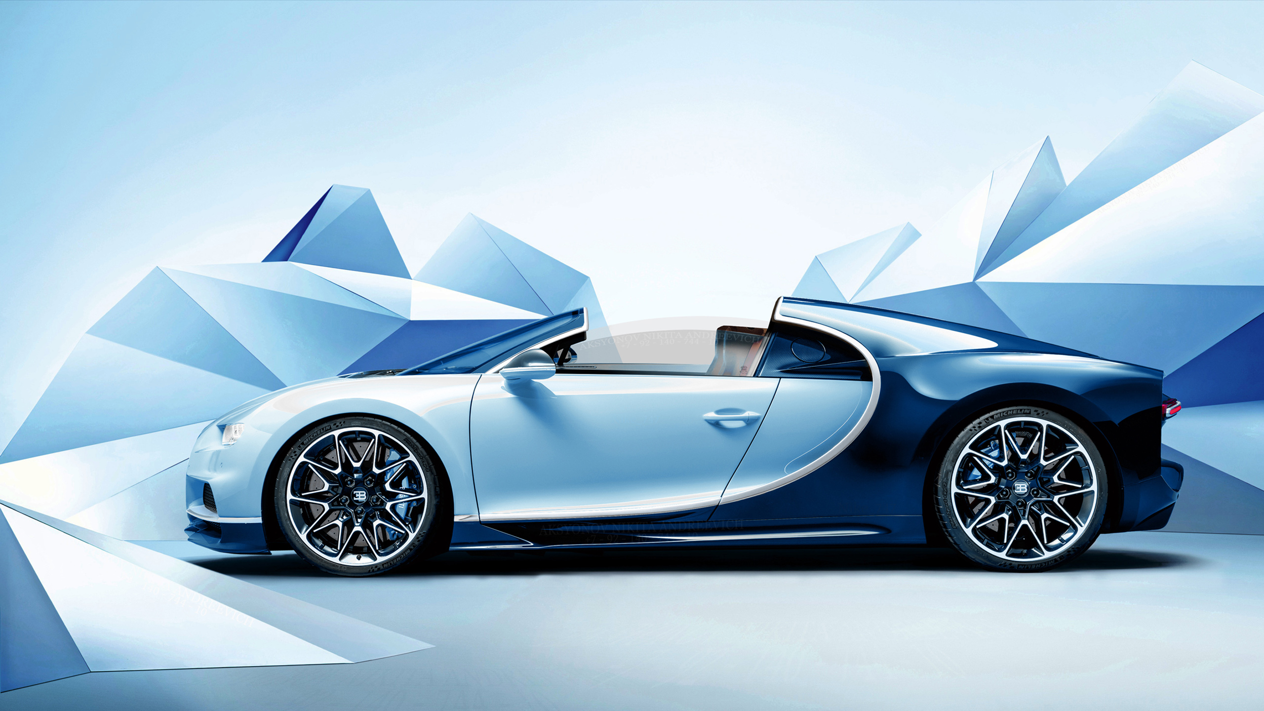 A side view of a Bugatti Chiron roadster with its top down, against a light blue geometric background