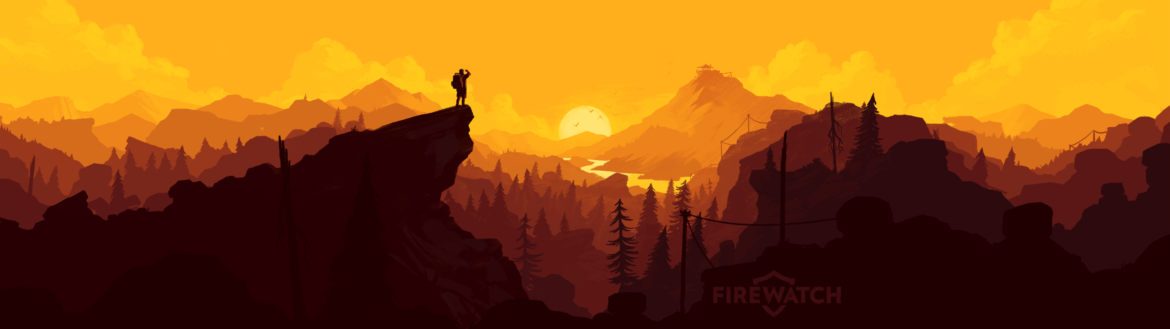 A minimalist illustration of a hiker standing on a cliff overlooking a valley at sunset in Firewatch