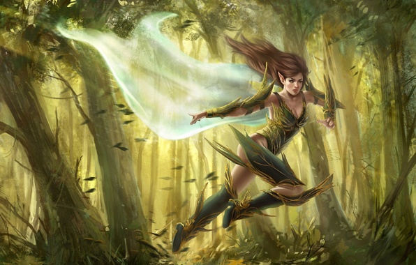 Wallpaper Art Fantasy Elf Girl Running Forest Wind