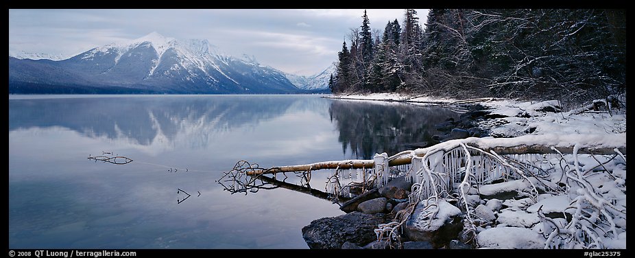 Snowy Shore And Mountains In Winter Glacier National Park Color