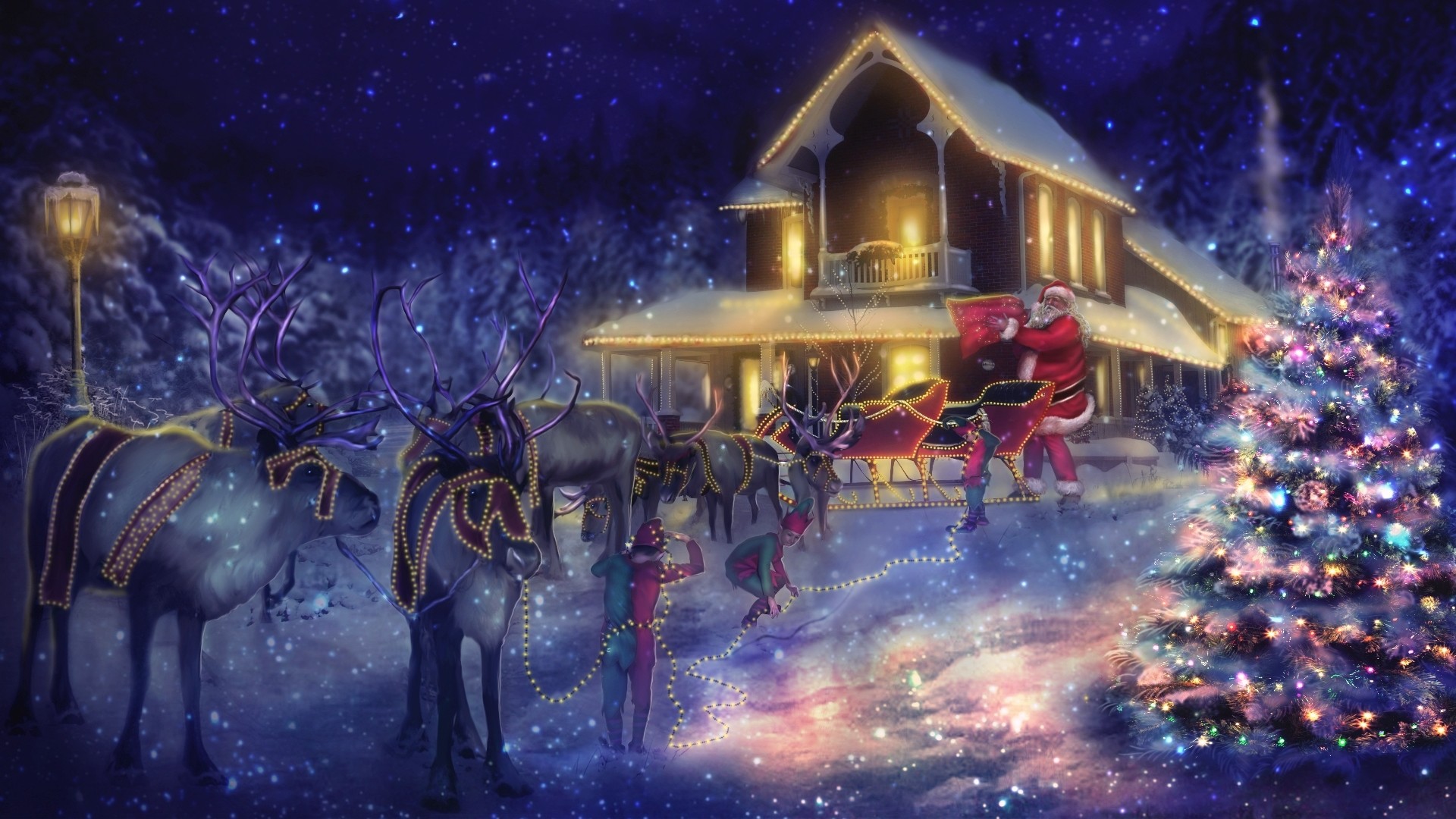 A 4K Christmas wallpaper depicting Santa Claus with his reindeer and elves in front of a festively decorated house, with a brightly lit Christmas tree in the foreground