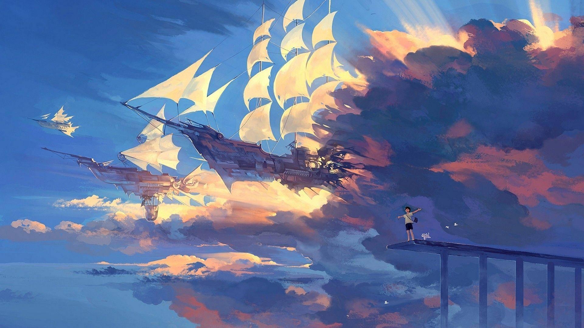 Anime Scenery Sky Boats Wallpaper Mrwallpaper