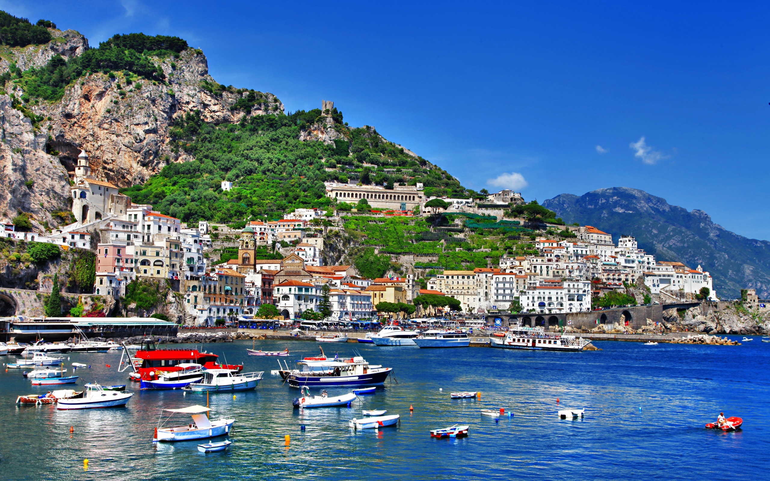Italy Positano Salerno Amalfi Boats Shore Sea Houses Mountains