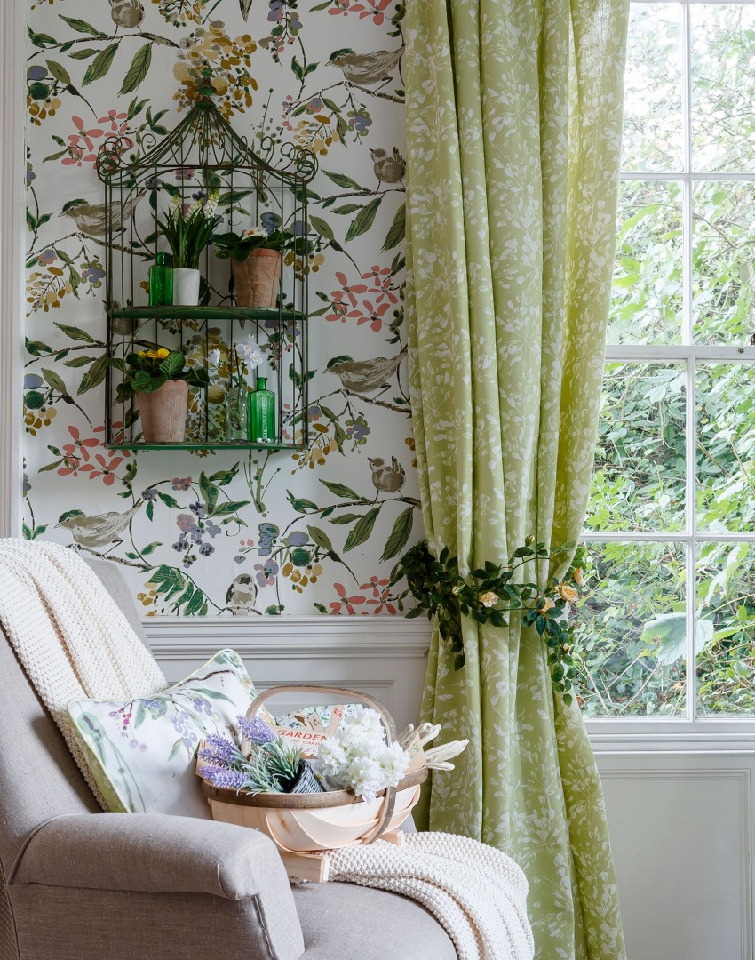 Country Living Room With Green Floral Wallpaper