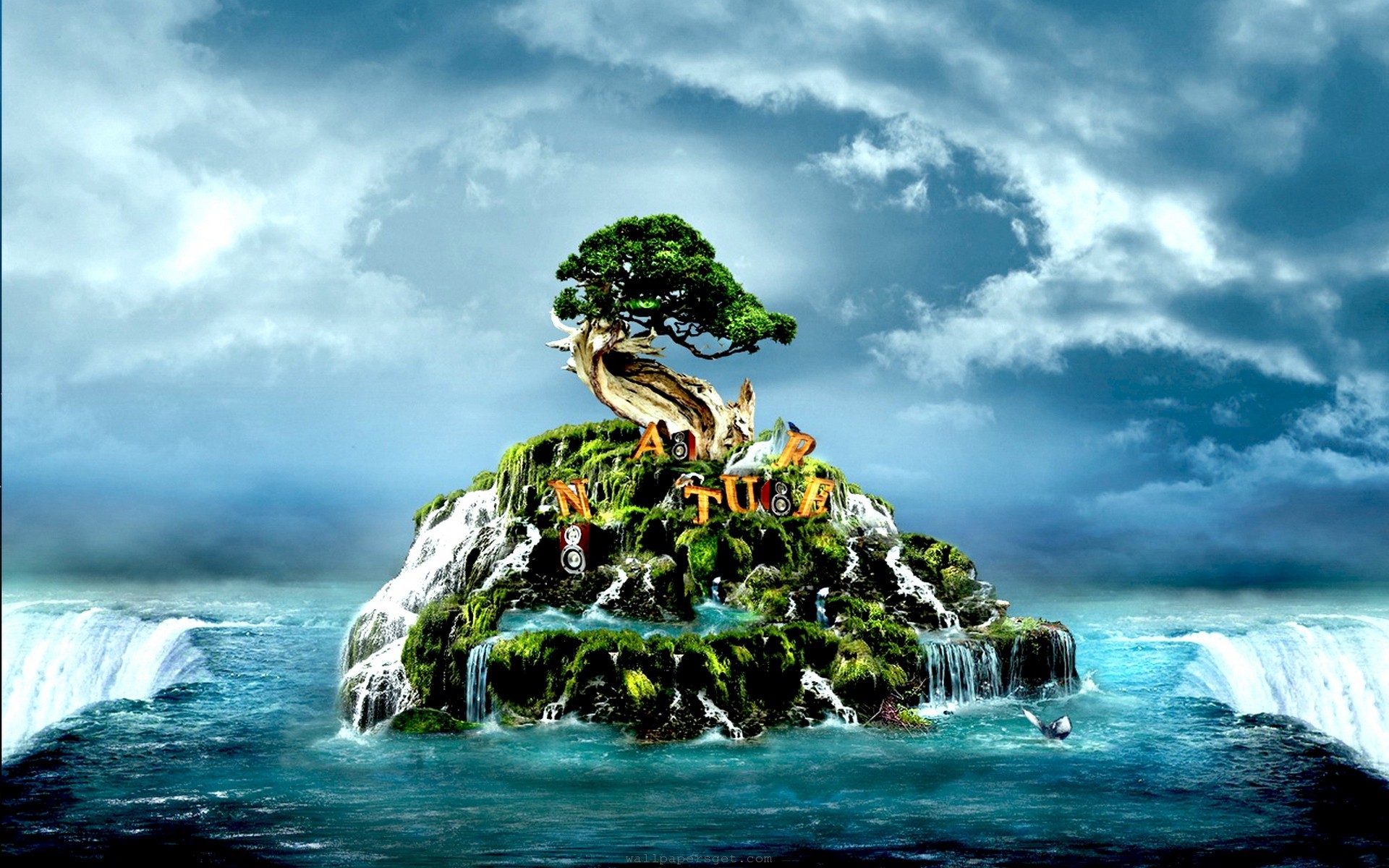 3D Nature Island Wallpaper: A bonsai tree atop a lush island with waterfalls, set against a dramatic sky