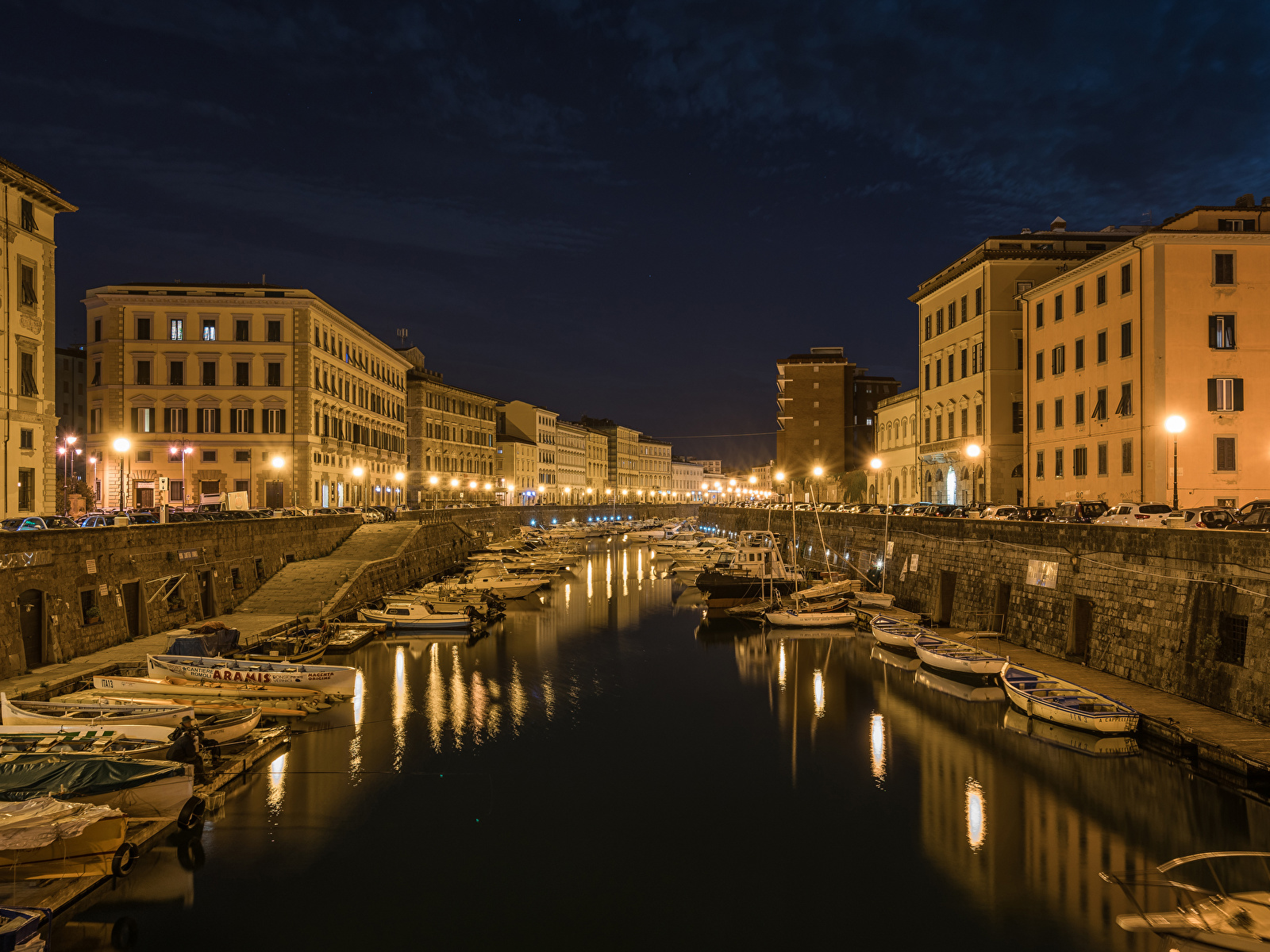 Wallpaper Tuscany Italy Livorno Canal Pier Boats Night