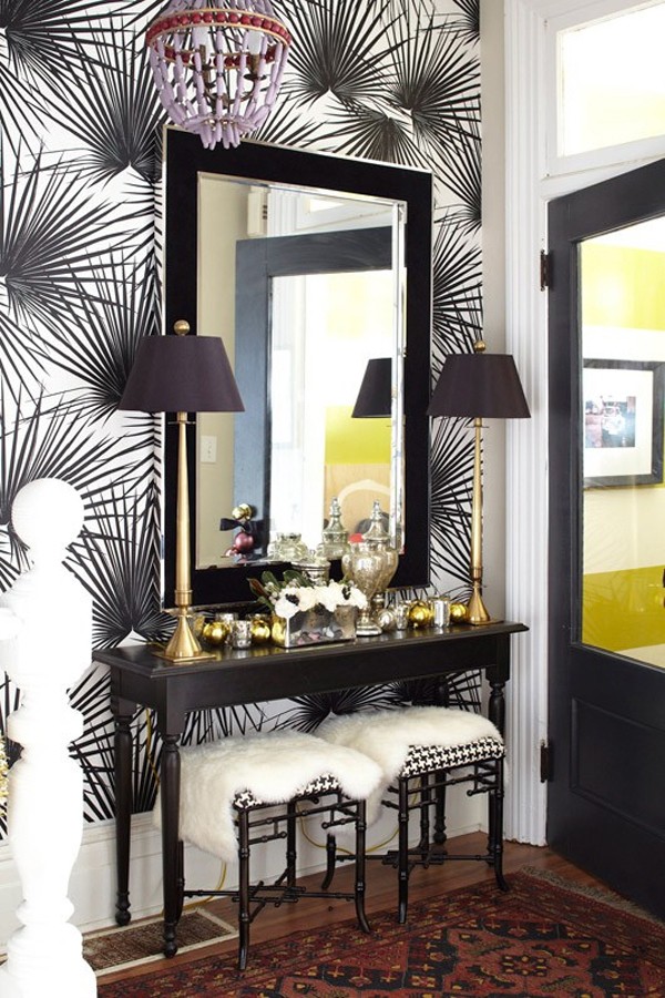 Entryway With Patterned Walls Wooden Table Wood Framed Mirror And