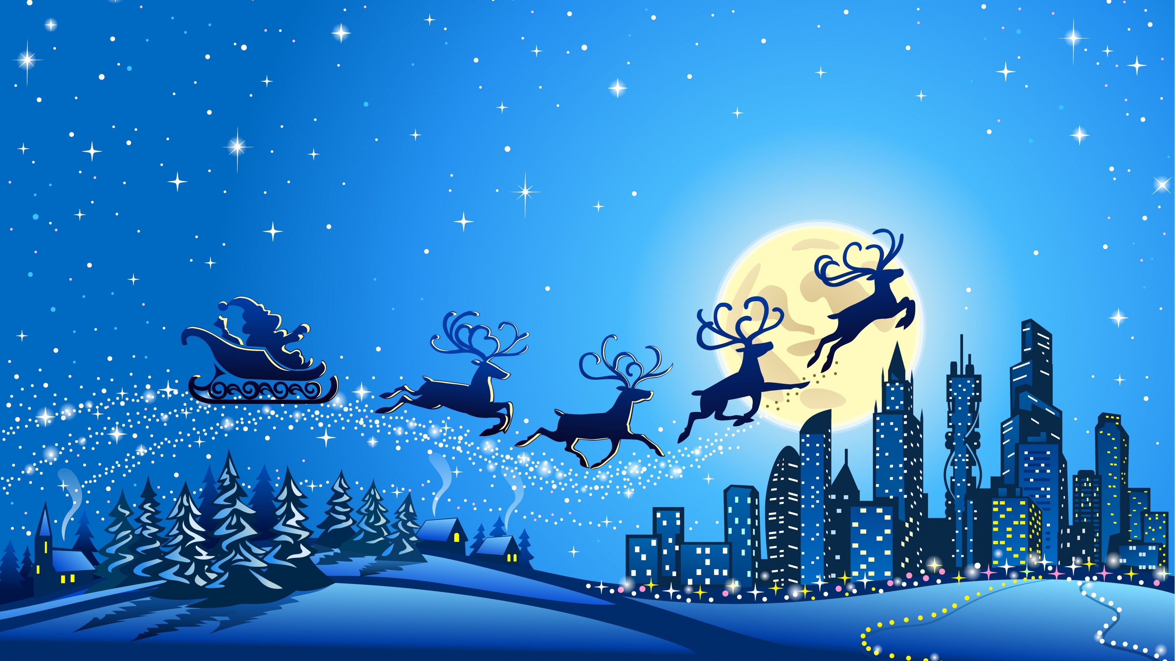 Santa Claus flying his sleigh over a snowy cityscape on Christmas Eve, with a full moon in the background. This preppy Christmas 4k wallpaper captures the magic of the holiday season