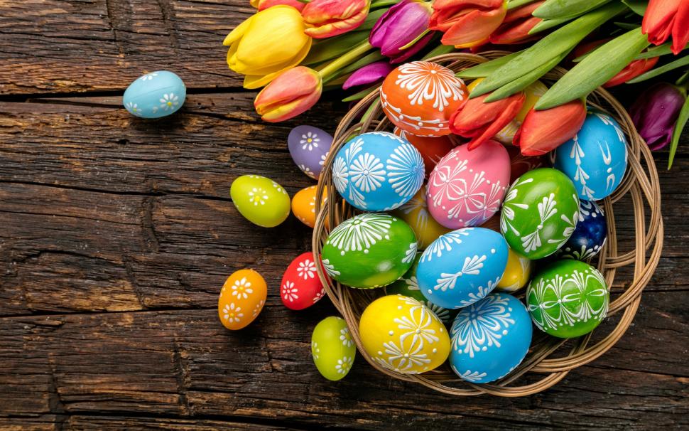 easter eggs colorful tulips wood basket 2K wallpaper middle size