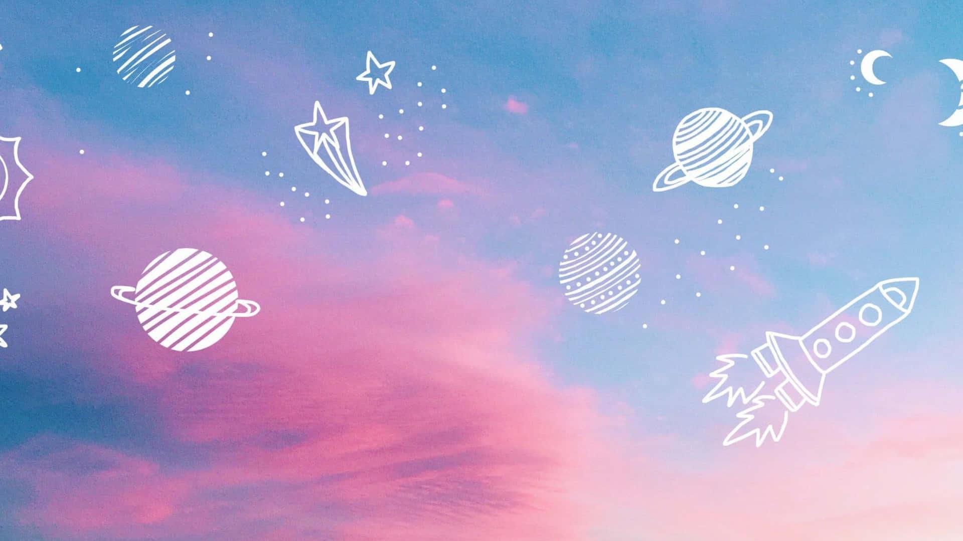 A Pink Sky With Spaceships And Stars Wallpaper