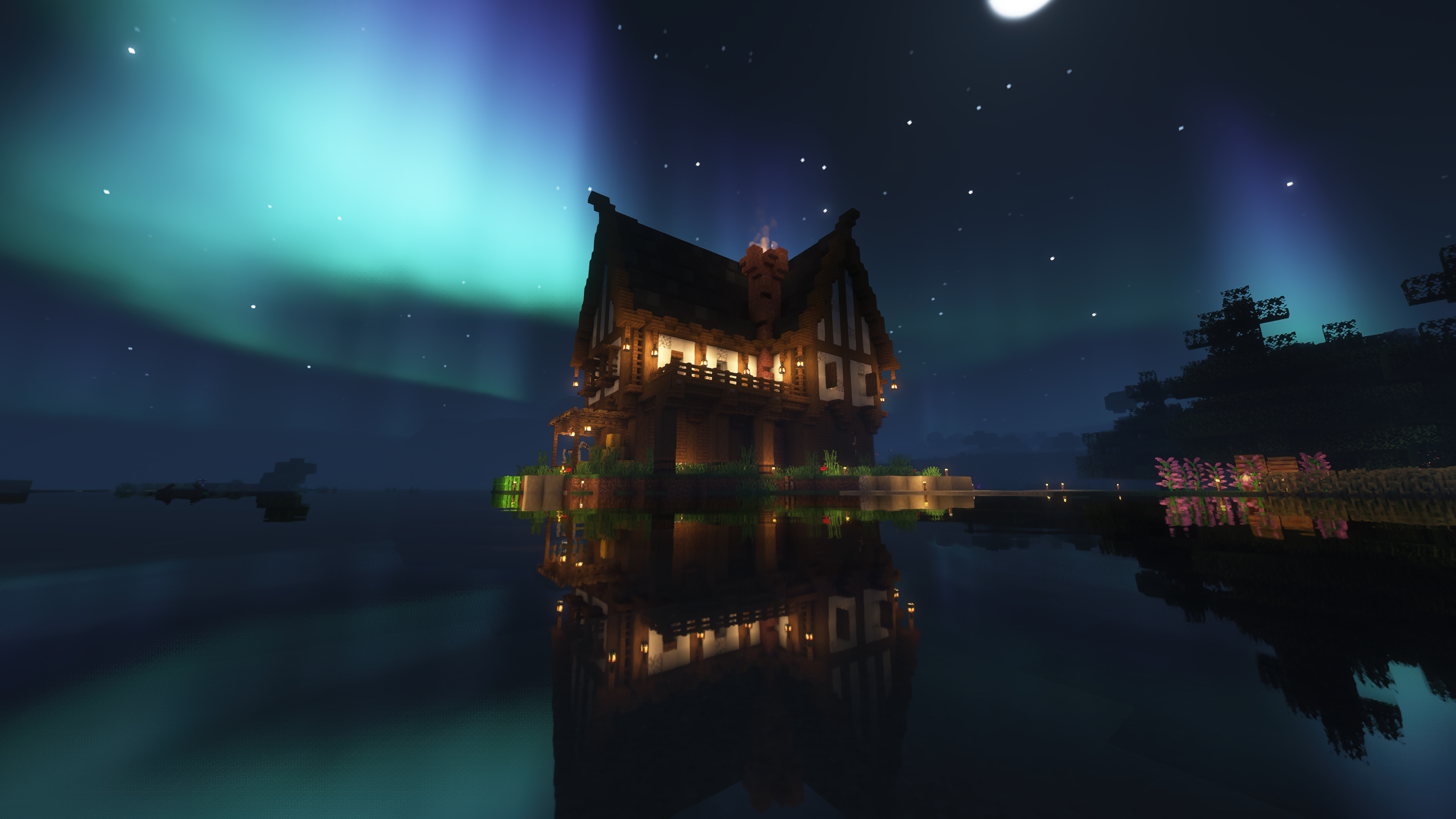 A stunning 4k Minecraft wallpaper showcasing a cozy wooden house on a tranquil lake under the mesmerizing glow of the Aurora Borealis