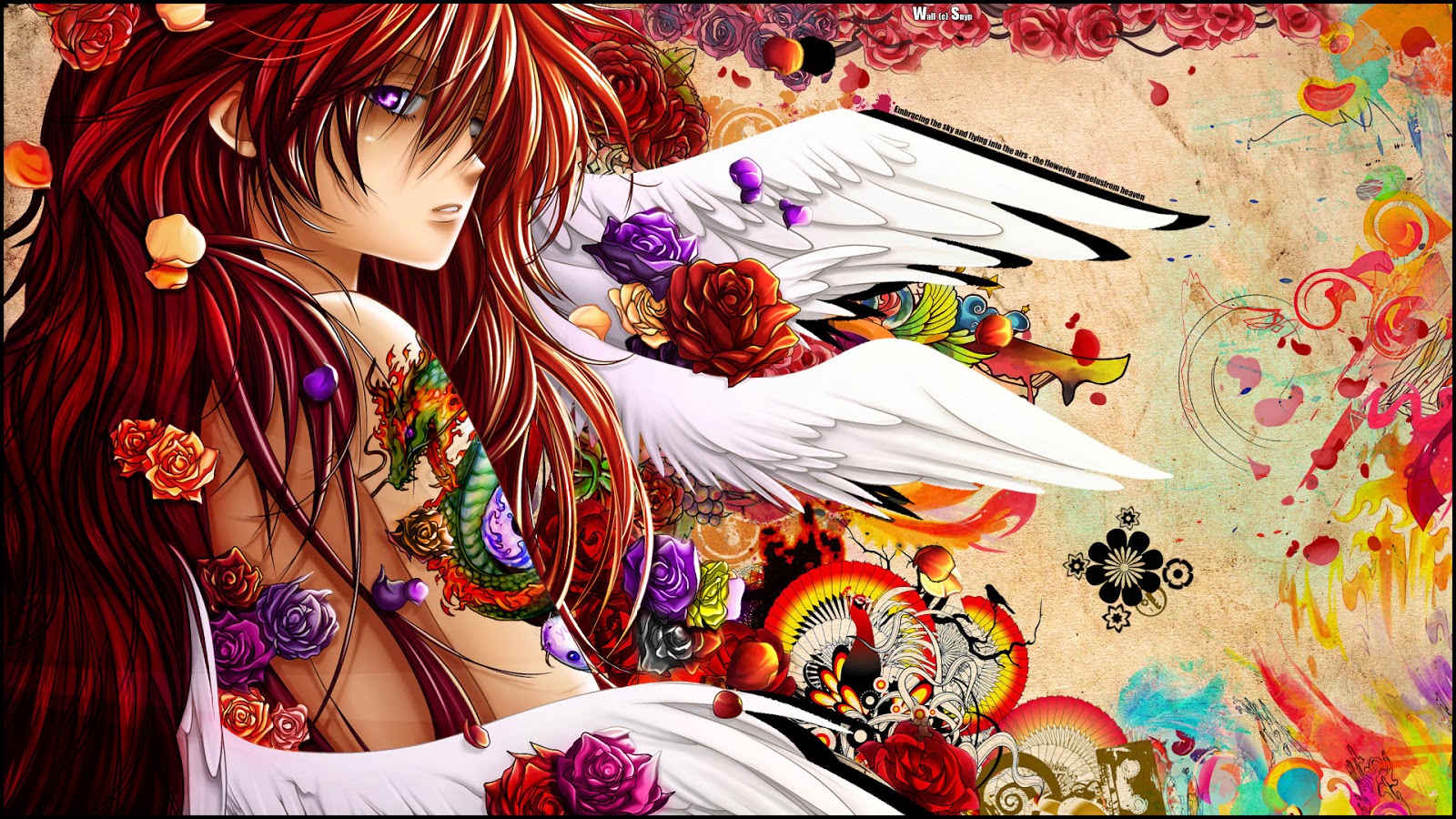 Back Tattoo Dragon Angel Wings Flowers Red Hair Female Girl Anime HD