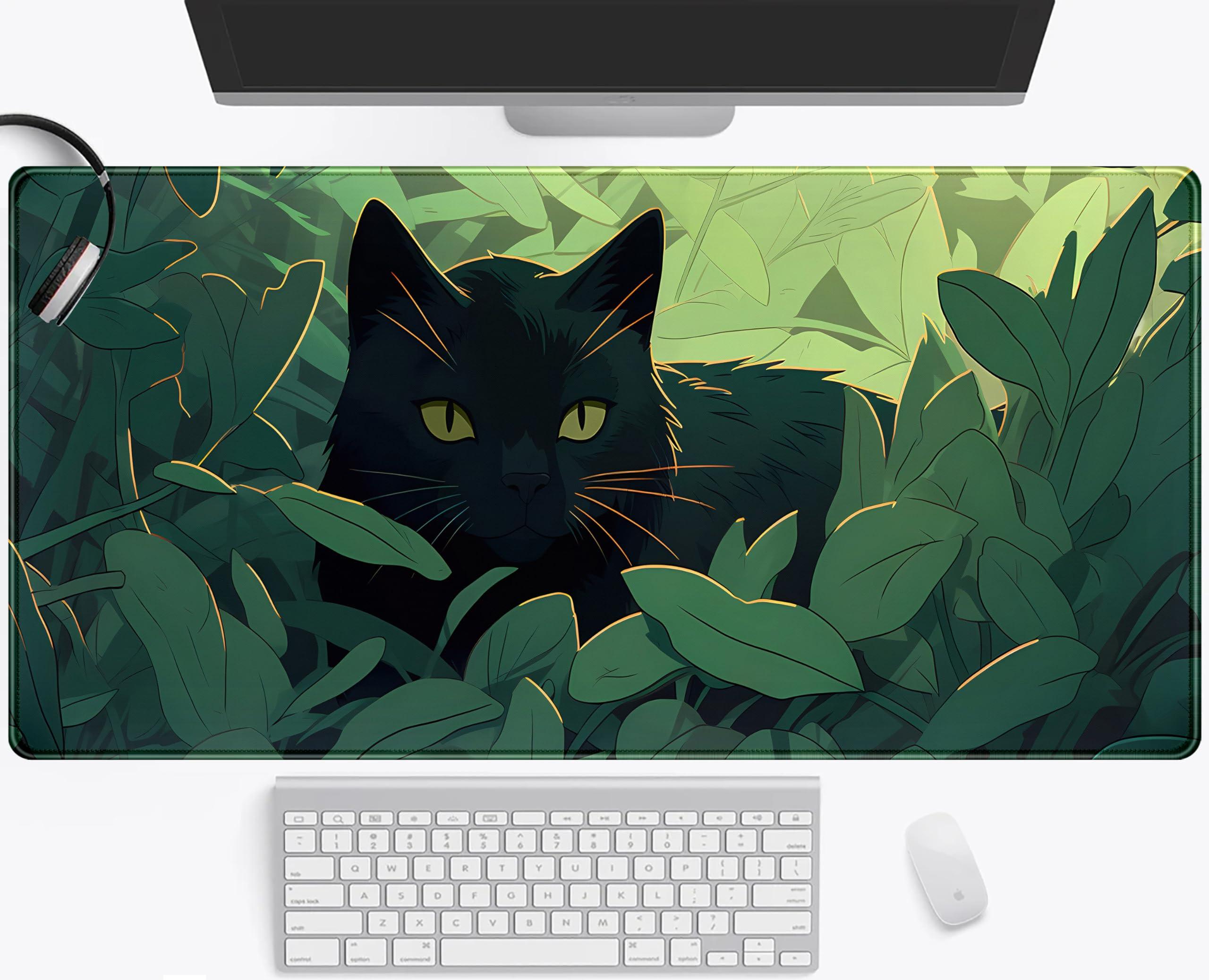 Amazon Cute Black Anime Cat Desk Mat Kawaii Green Leaves