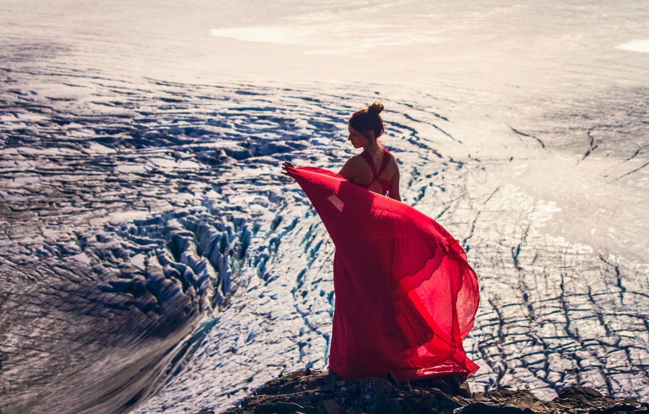 Wallpaper Girl Glacier Alaska Red Dress Kenai Fjords