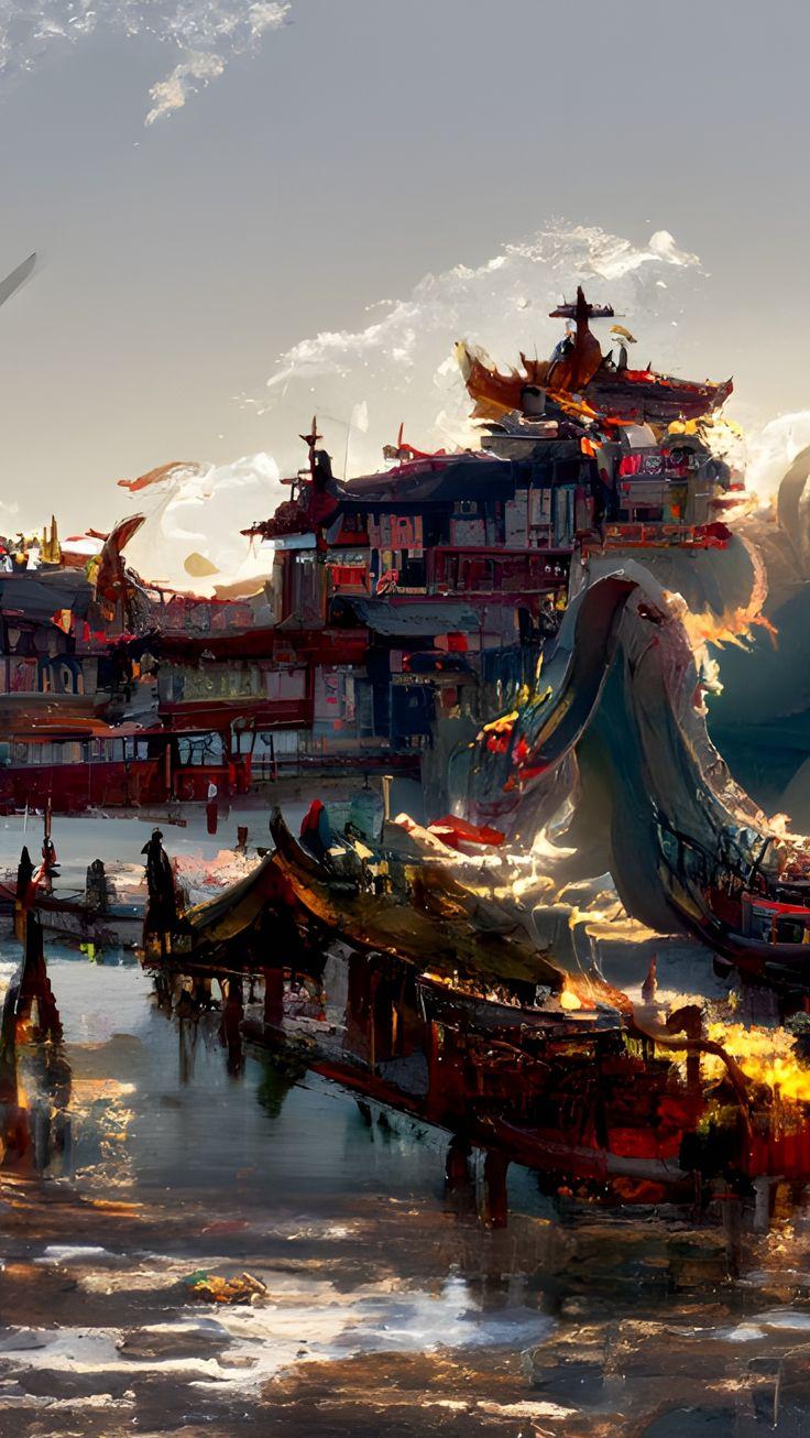 China S Ancient Town Dragon Fantasy Art