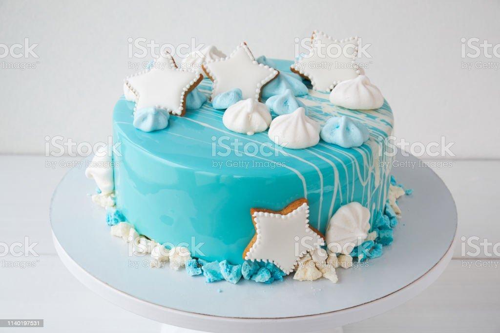 Cake Of The Marine Sea Theme Decorated With Blue Mirror Glaze