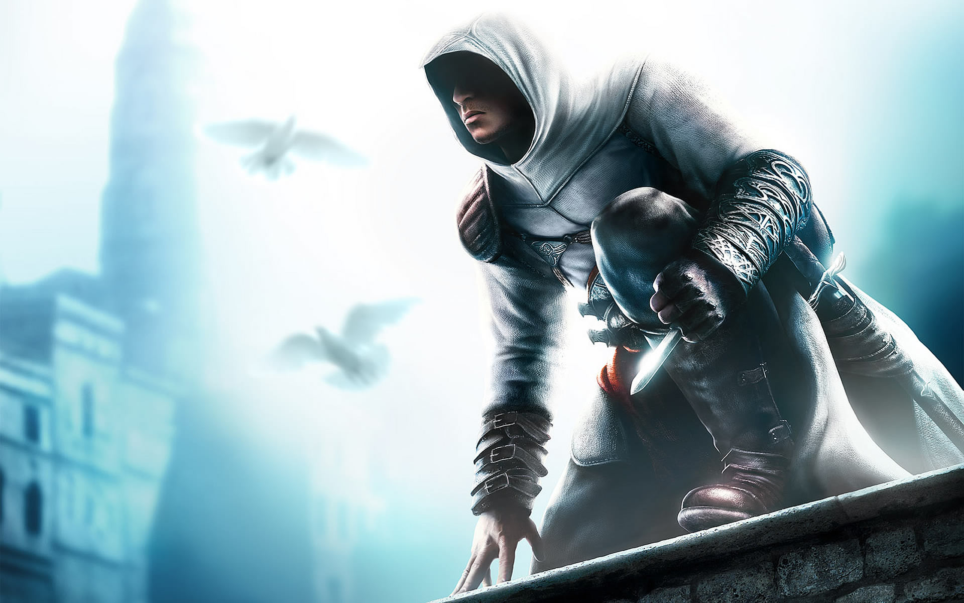 Altair Crouching On Wall Action Games Wallpaper Image Featuring