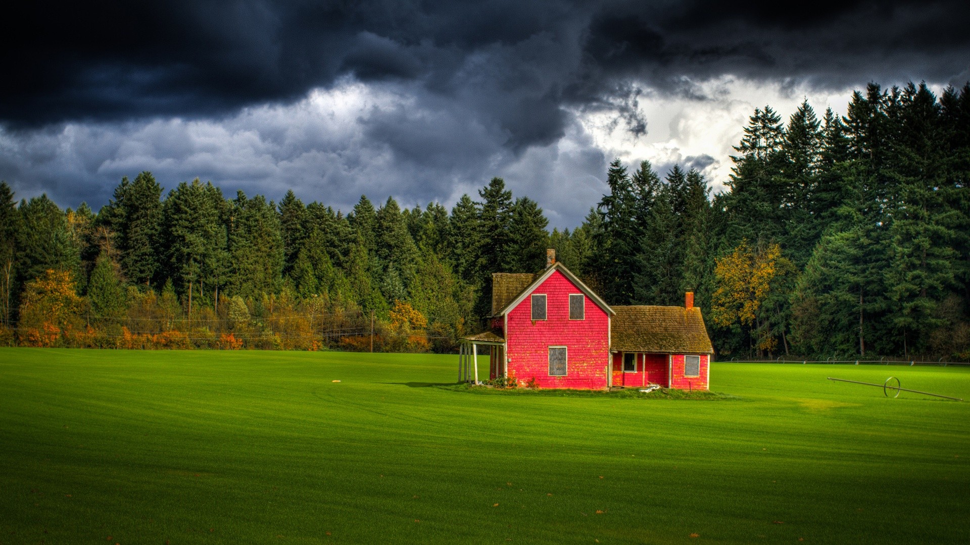  nature ferme rouge milieu champs sous ciel orage wallpaper red farm
