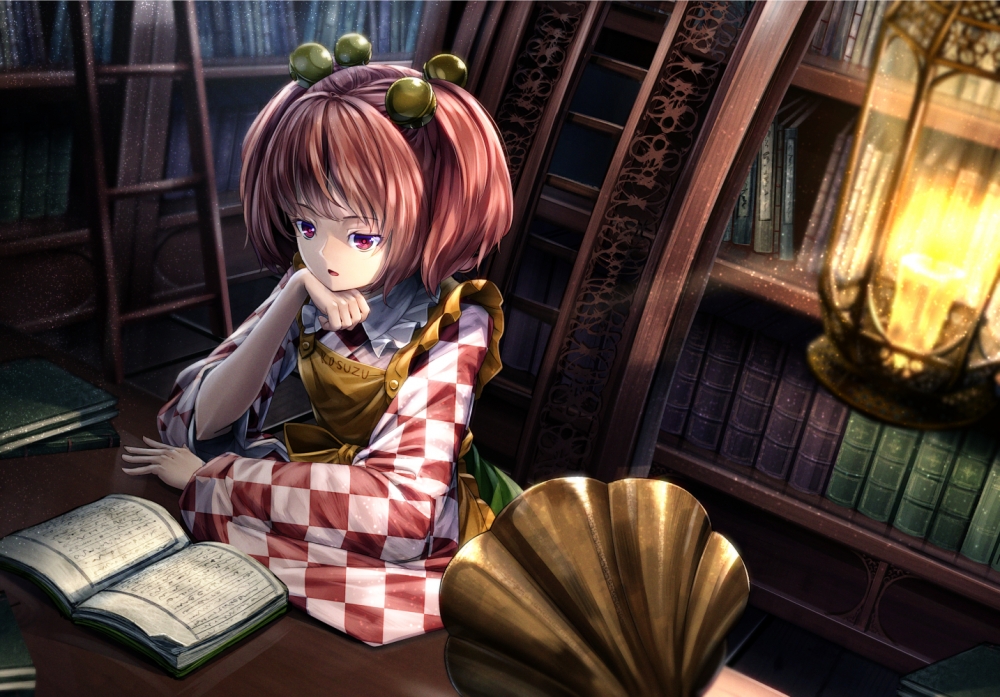 Wallpaper Anime Girl Reading Library Apron Brown Hair