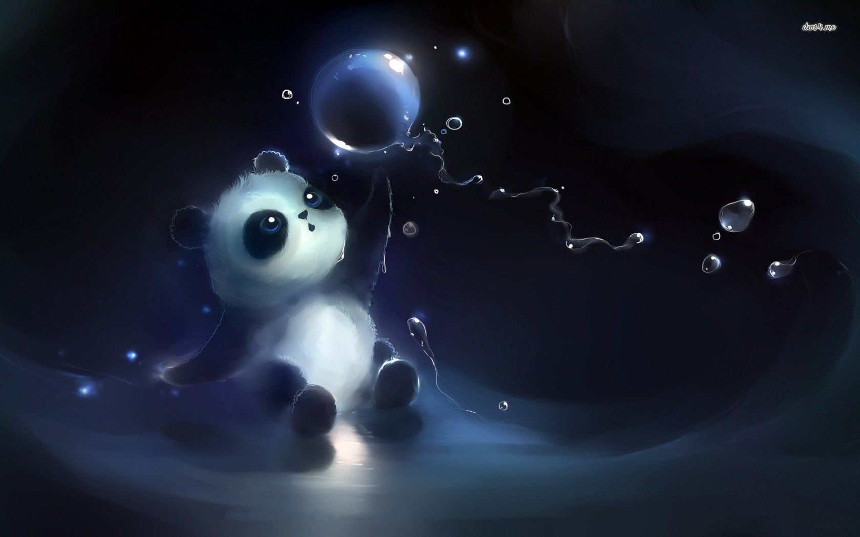 A cute panda cub plays with a large, glistening bubble in a dark, dreamlike setting. Water droplets shimmer around the panda, adding to the magical atmosphere
