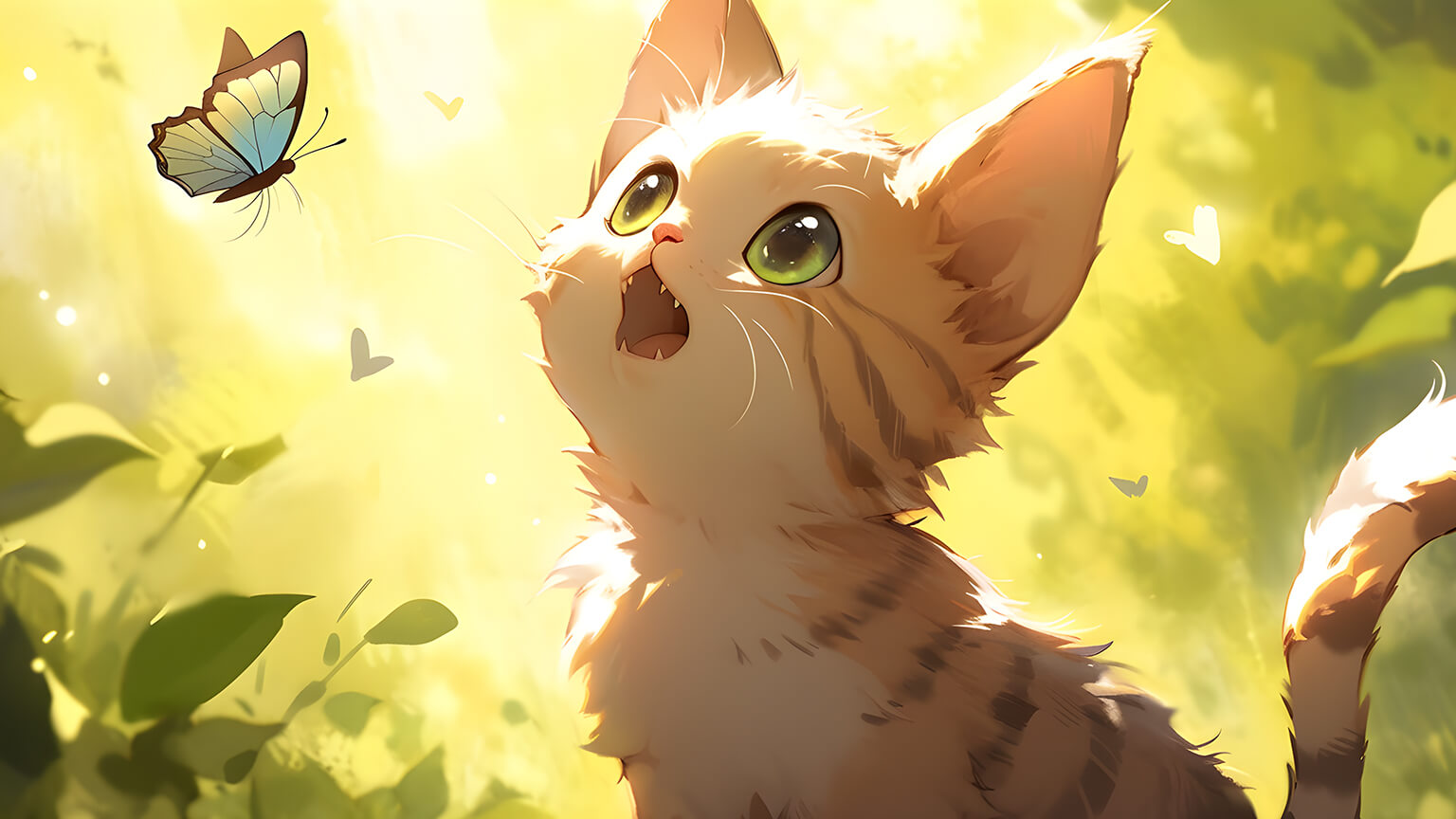 Funny Cat With Butterfly Green Desktop Wallpaper Pre