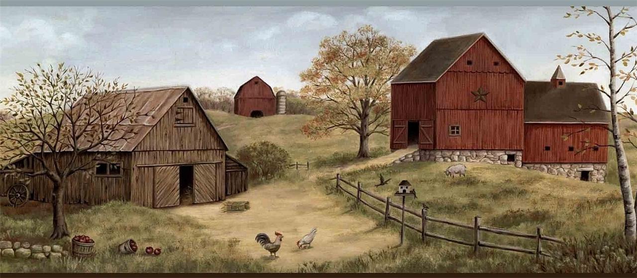 Details About Wallpaper Border Farmstead Red Barns Farm Country