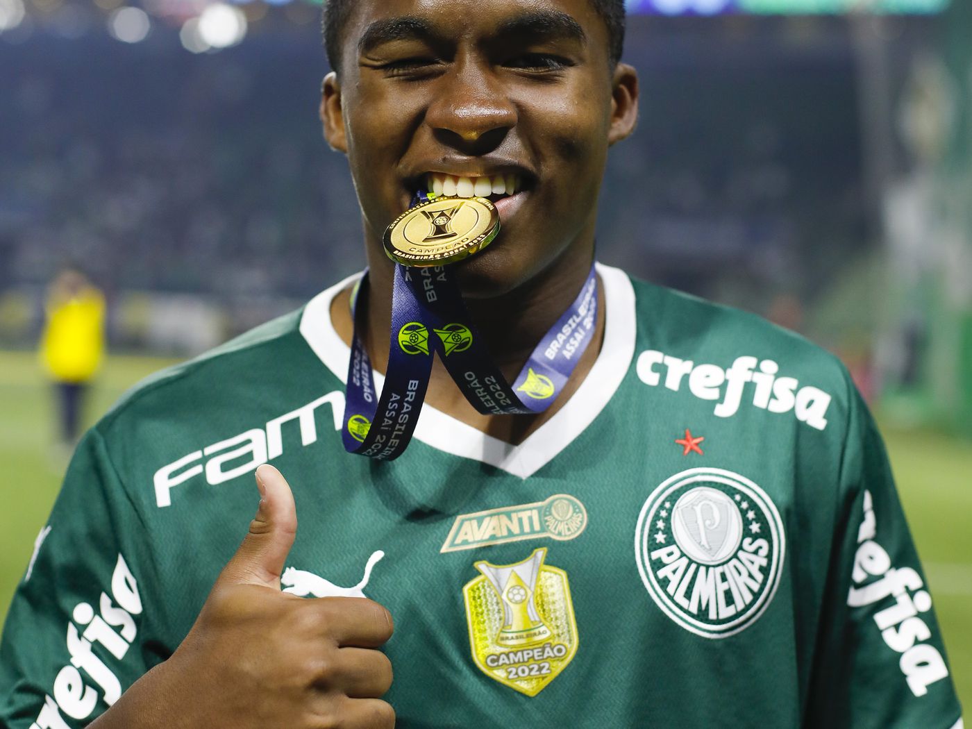 Endrick Felipe celebrates winning the Campeonato Brasileiro Série A with Palmeiras in 2022