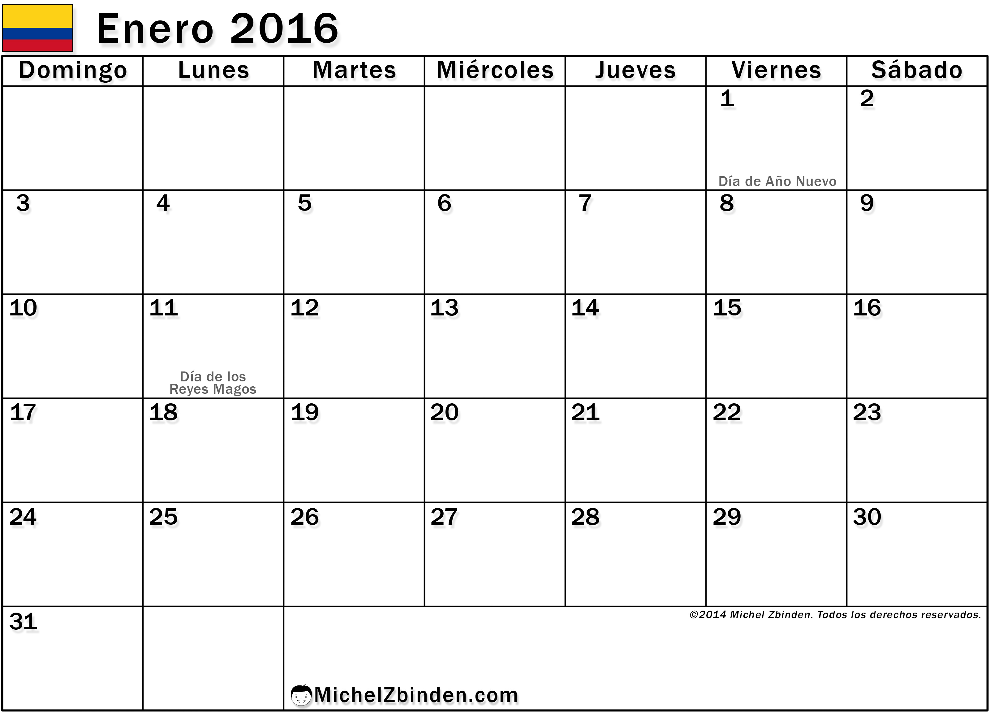 Impresin libre del calendario enero 2016 gratis Das feriados