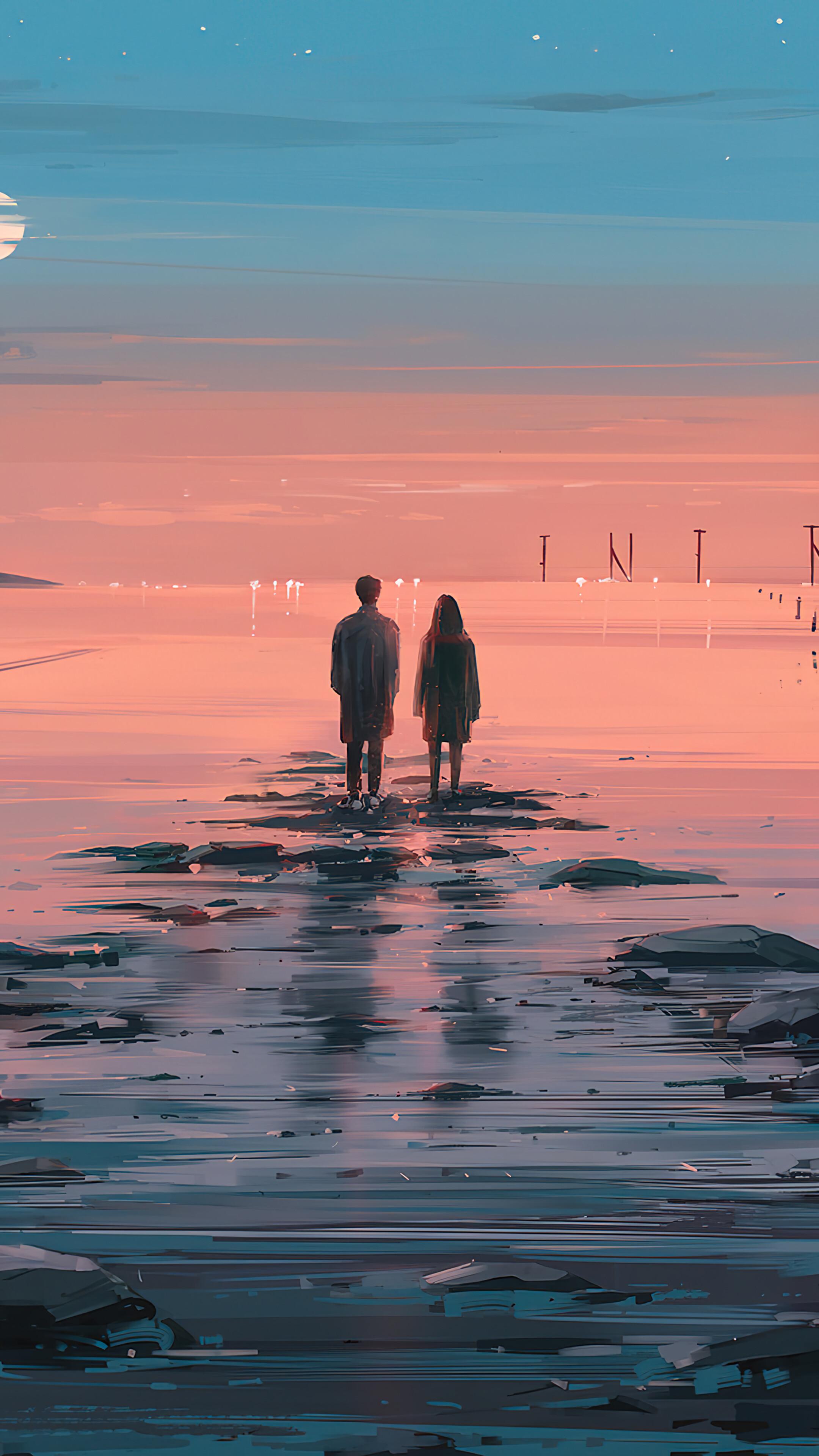 Couple Silhouette Sunset Scenery Digital Art 4k Wallpaper iPhone