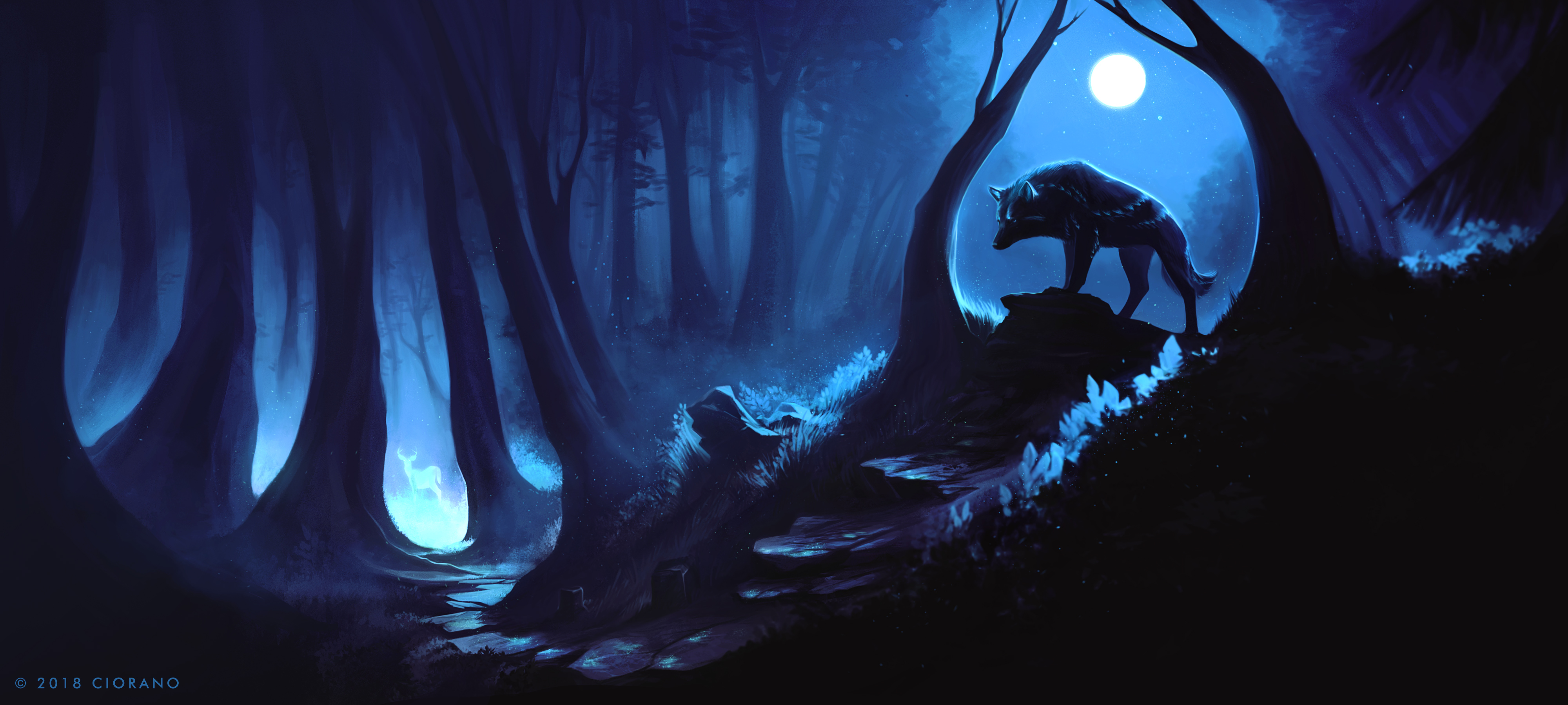 A majestic wolf stands silhouetted against a full moon in a dark, ethereal forest, with a ghostly deer in the background