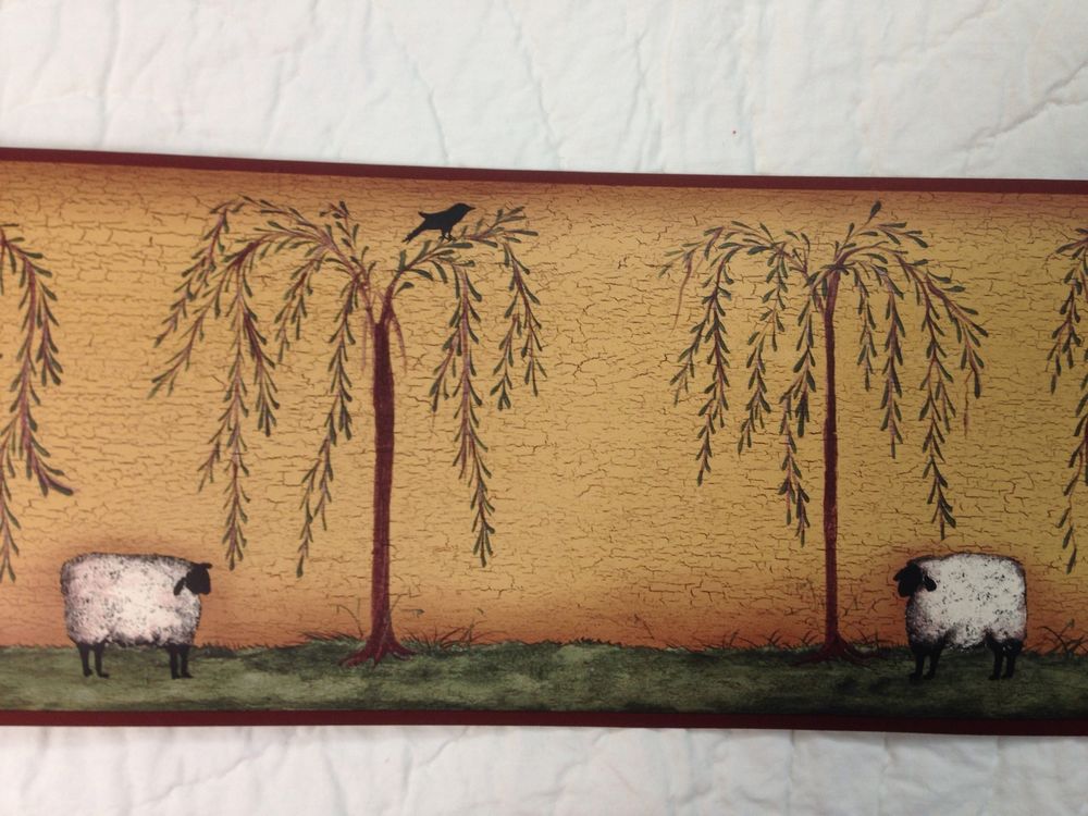 Primitive Sheep Willow Tree Crow Wallpaper Border