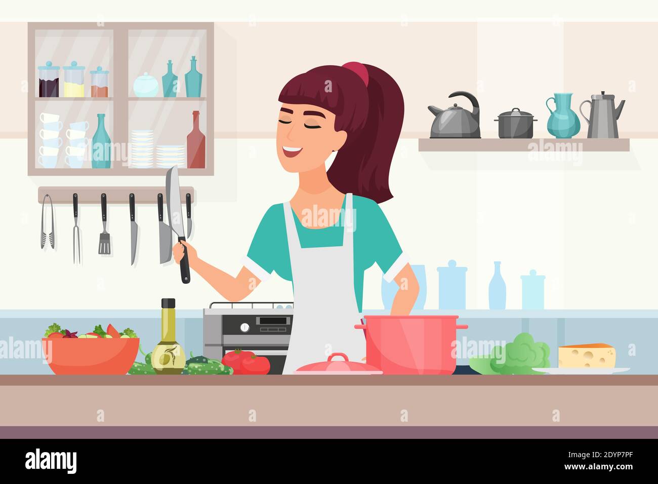 Girl cooking food vector illustration Cartoon young woman chef 1300x955