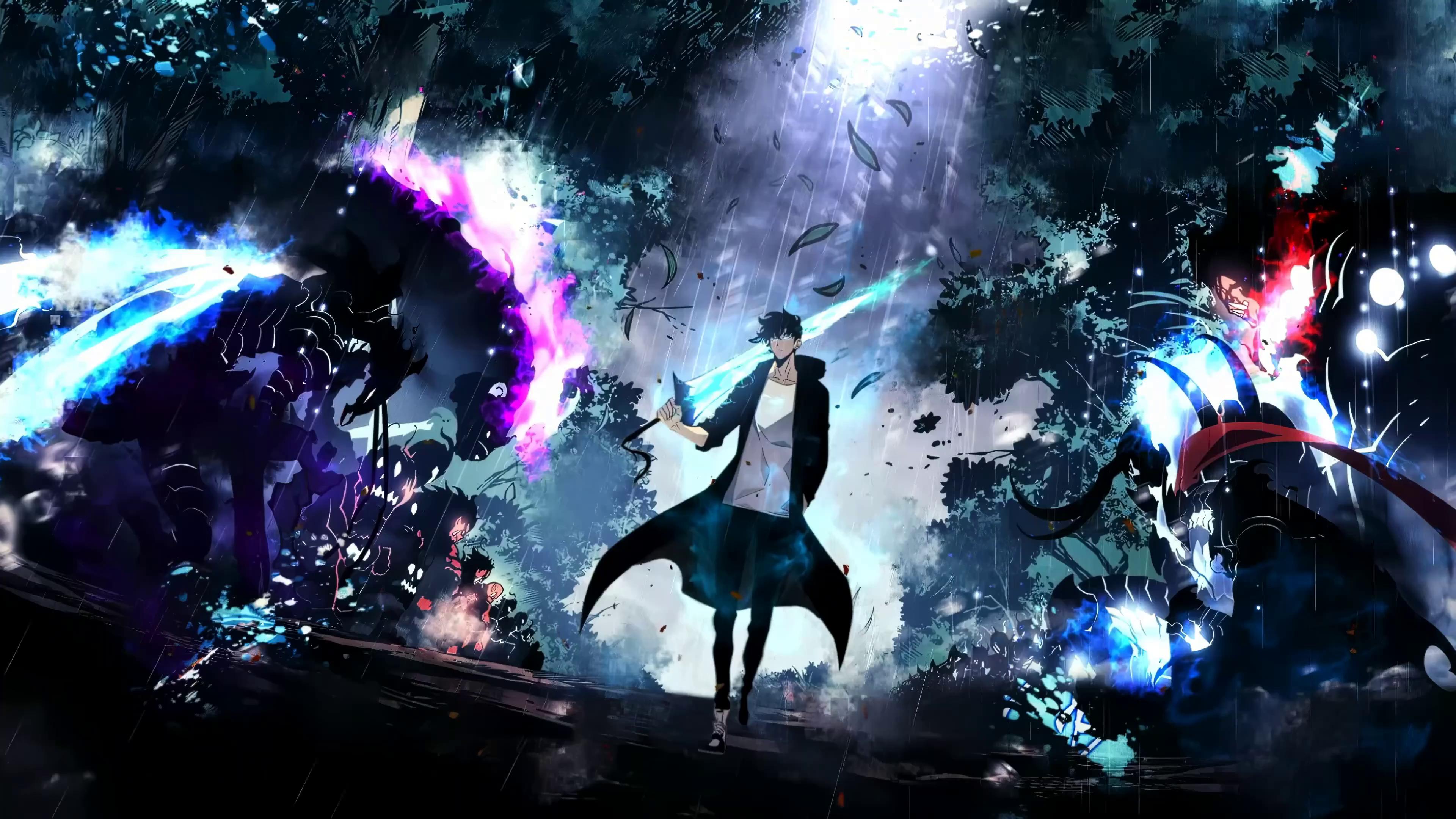 A dynamic 4k live wallpaper featuring an anime-style character wielding a glowing sword amidst a dark, fantastical battle scene with shadowy figures and vibrant energy effects