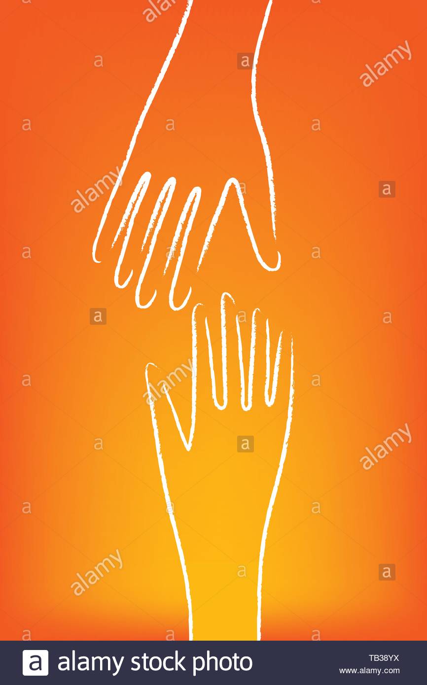 Vector Illustration Two Helping Hands Over Orange Background