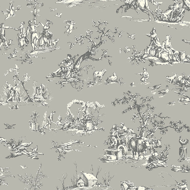 Toile Time Grey Taupe White Designer Wallcoverings