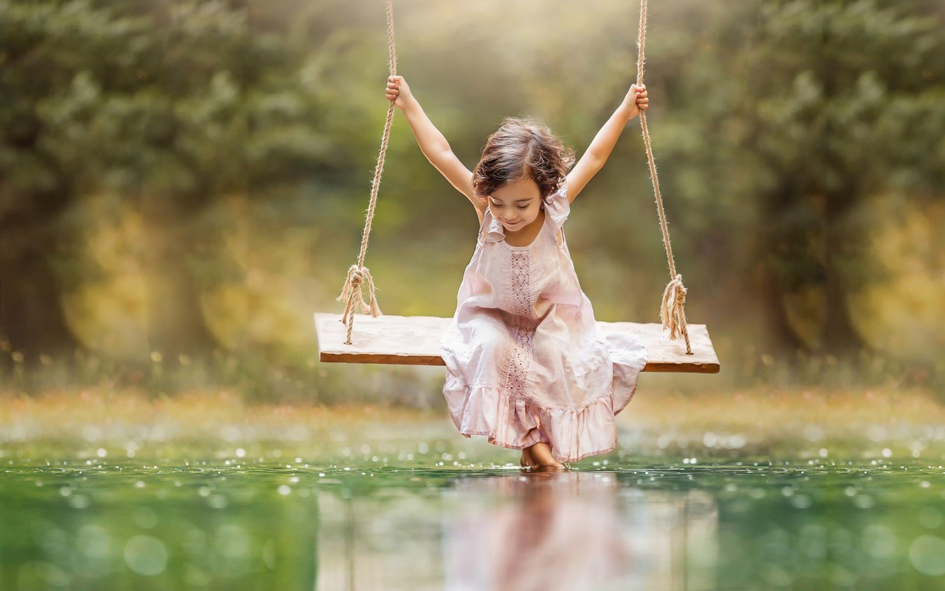 Little Girls Swing On Water HD Wallpaper Large