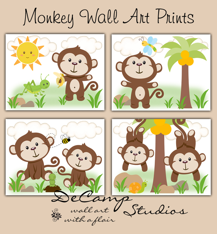 Safari Monkey Wall Art Prints Baby Jungle Animals Nursery Decor