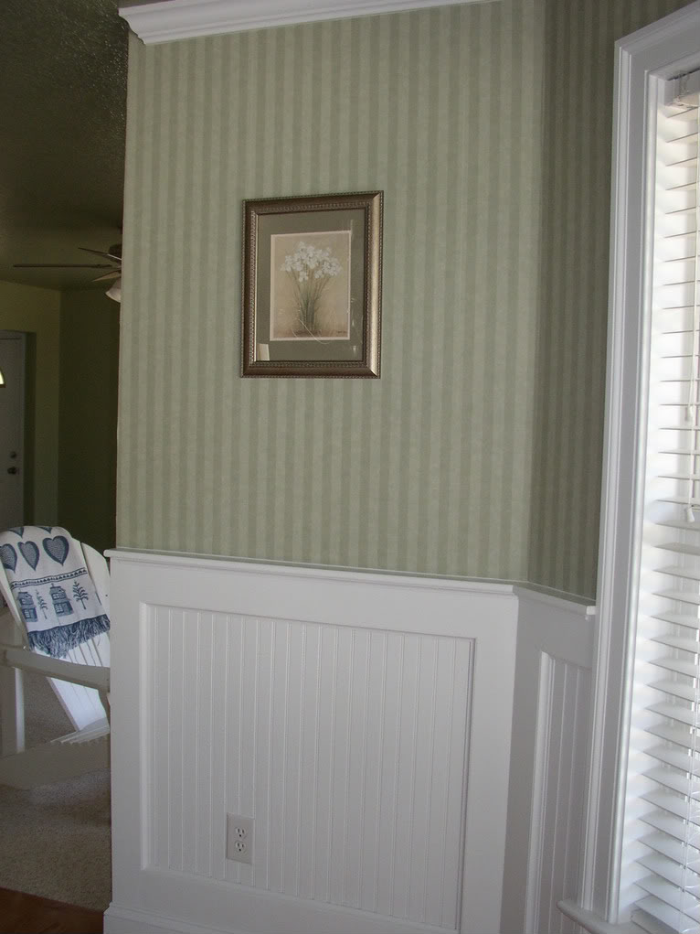Gray and Blue Wallpaper with Wainscoting  Transitional  Dining Room