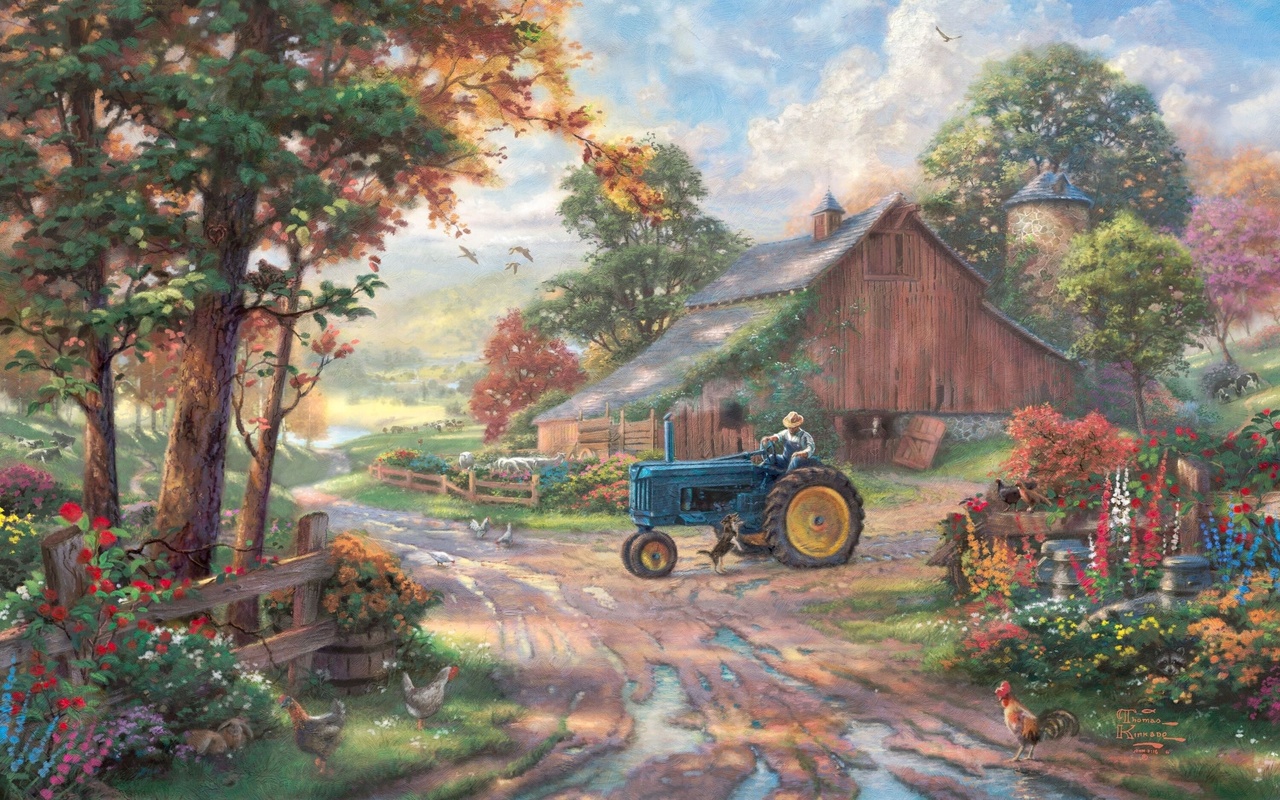  1280x800 barn thomas kinkade summer farm tractor man