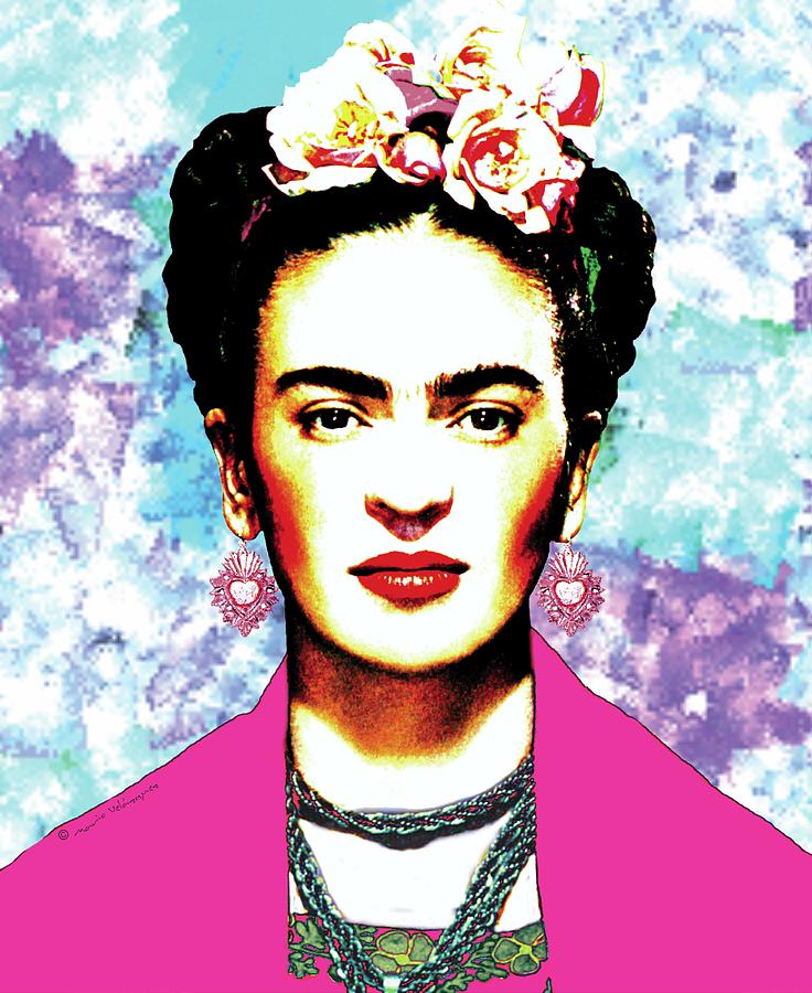 Frida Kahlo With Hot Pink Rebozo On Brush Strokes Background