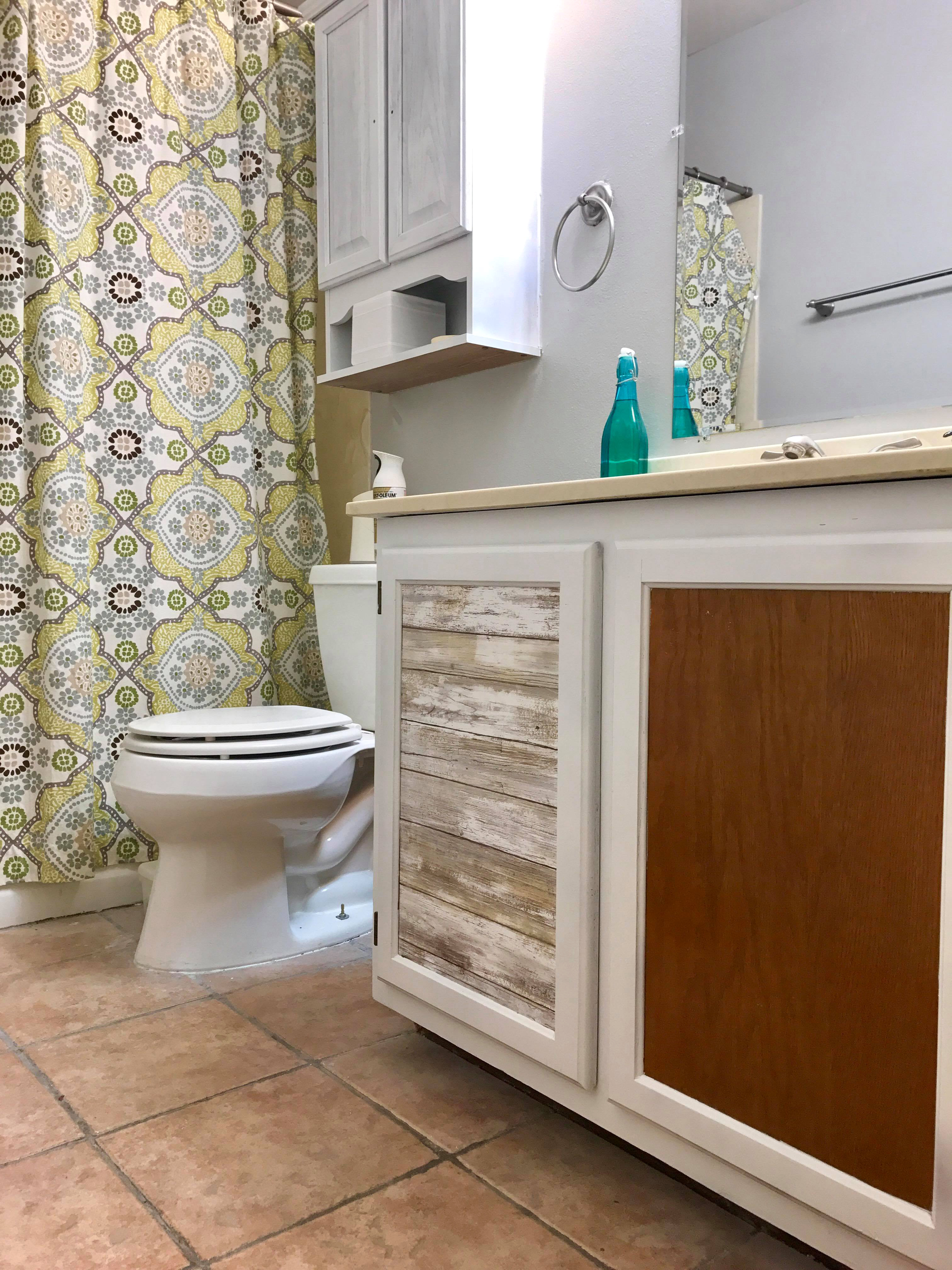 Farmhouse Chic Bathroom With Peel And Stick Wallpaper Roommates