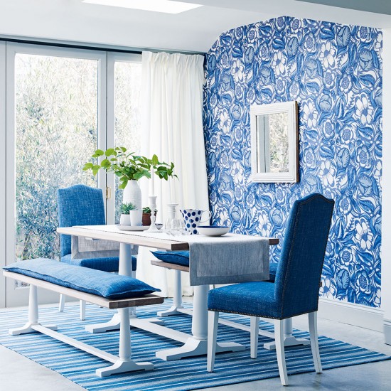 Blue Dining Room With Floral Wallpaper And White Table