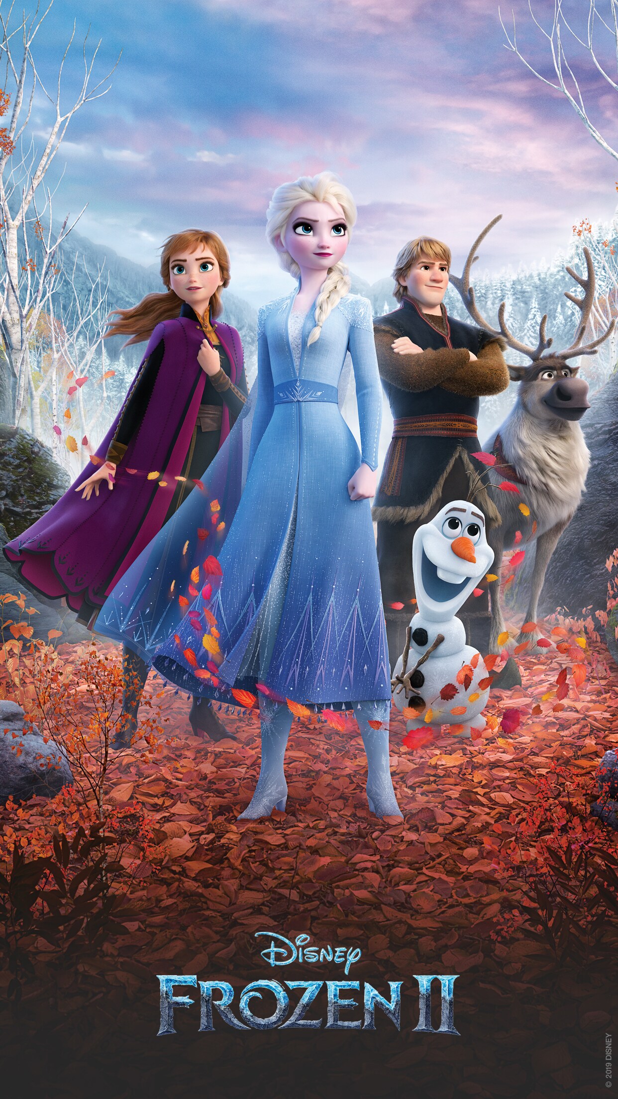 Promotional poster for Disney's Frozen II featuring Anna, Elsa, Kristoff, Sven, and Olaf standing on a bed of autumn leaves