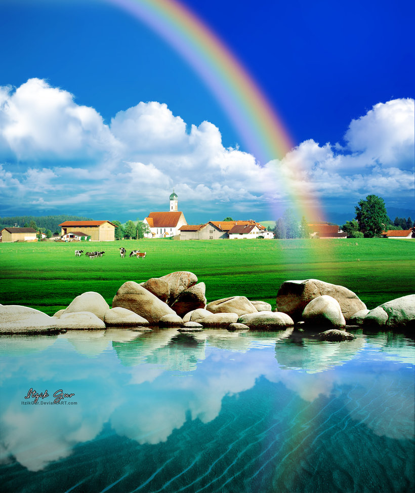 Rainbow Over The Village Lake By Itzikgur